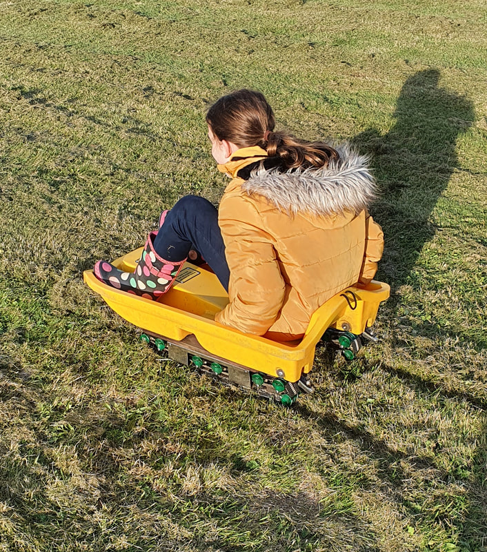 A girl on a grass sledge